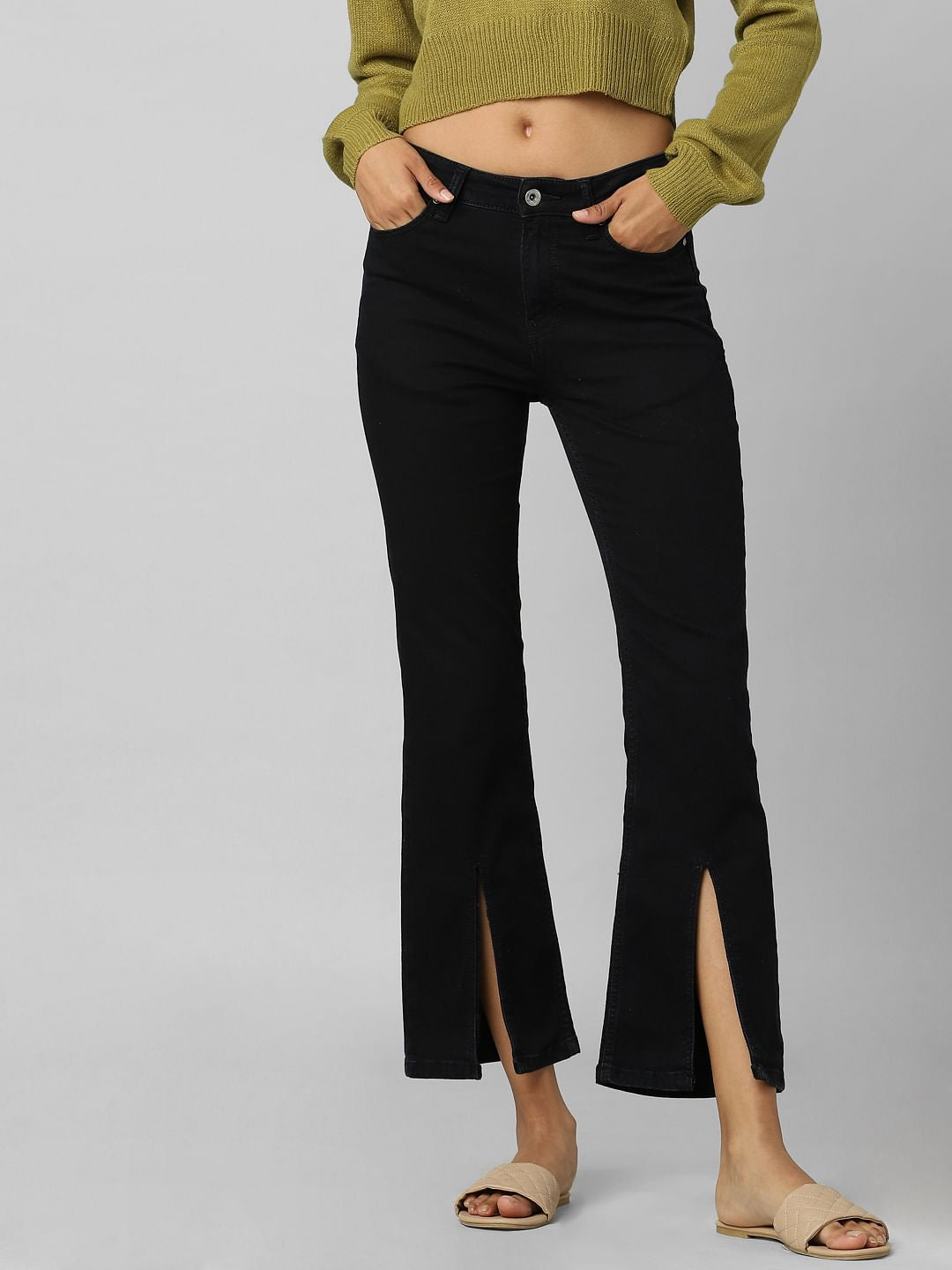 Black High Rise Front Slit Flared Jeans