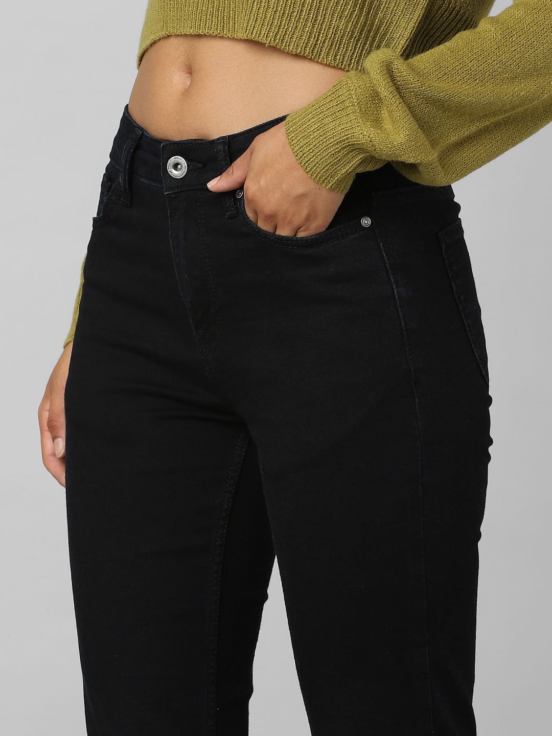 Black High Rise Front Slit Flared Jeans