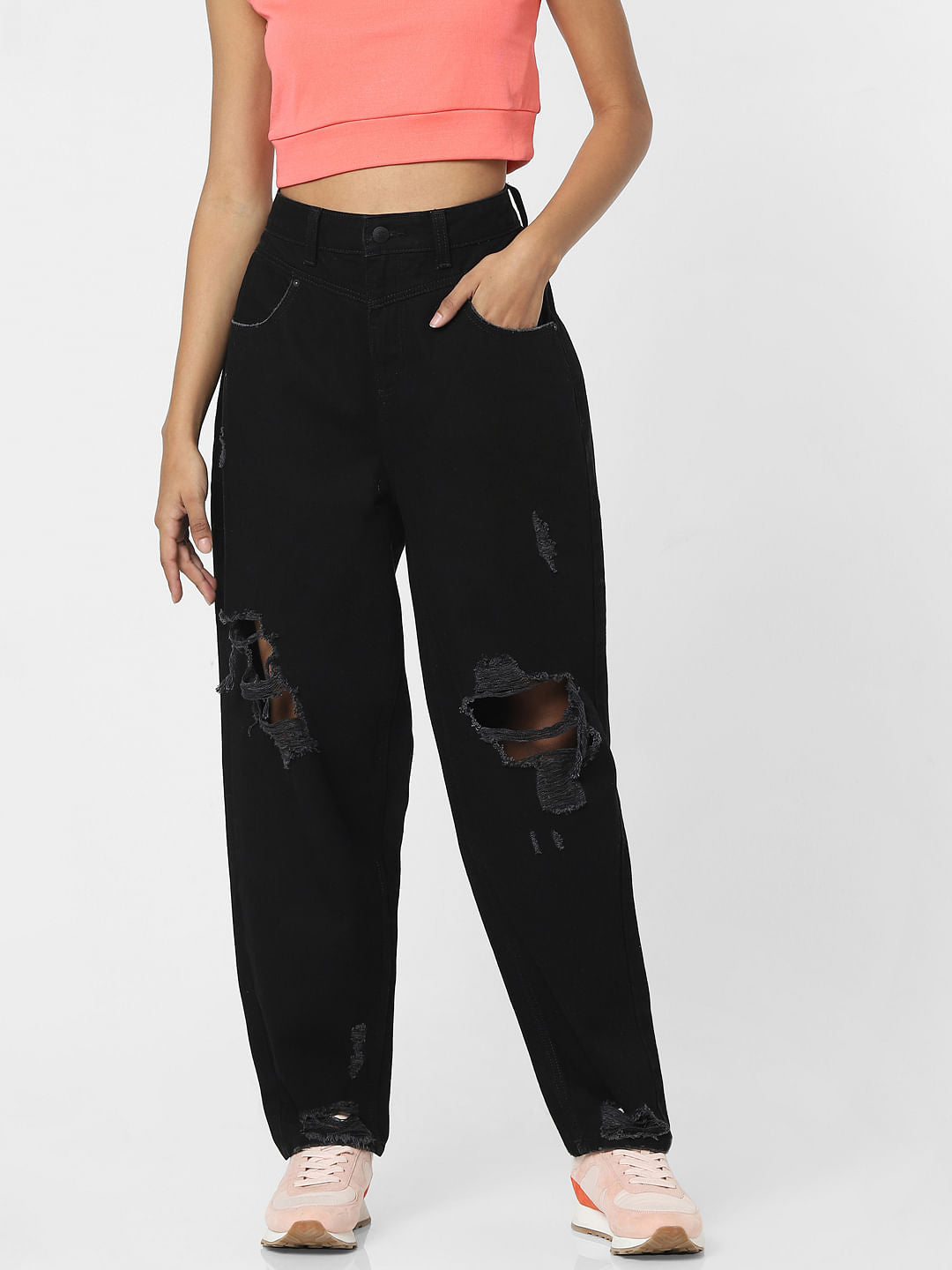 Black High Rise Ripped Boyfriend Jeans