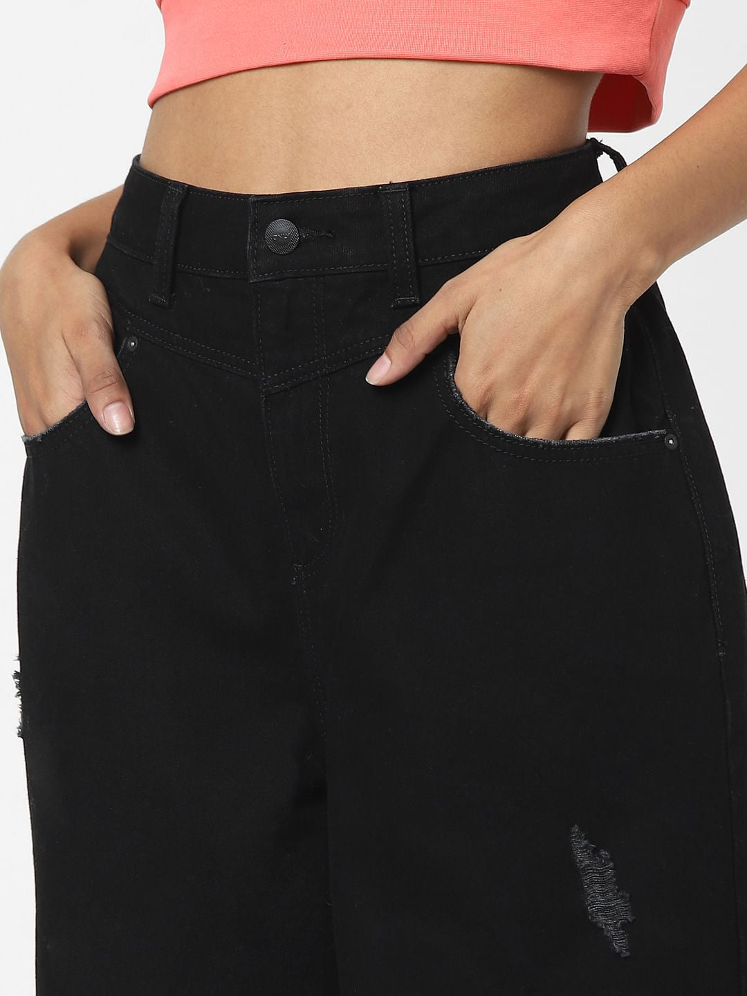 Black High Rise Ripped Boyfriend Jeans