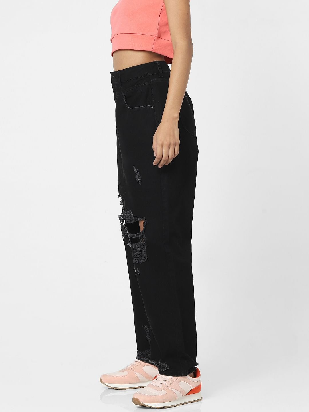 Black High Rise Ripped Boyfriend Jeans