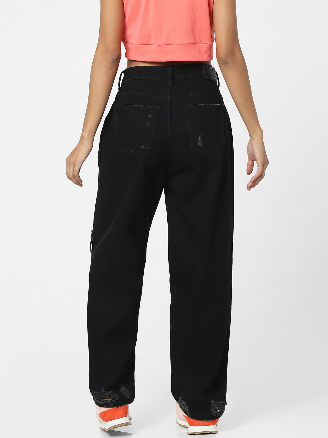 Black High Rise Ripped Boyfriend Jeans