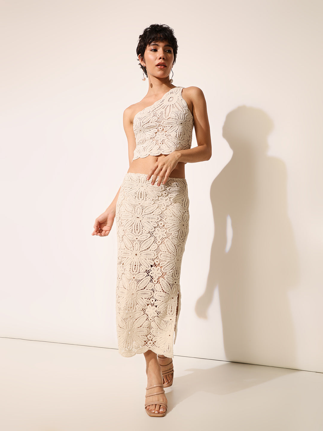 Beige Pencil Fit Lace Skirt - Main Image