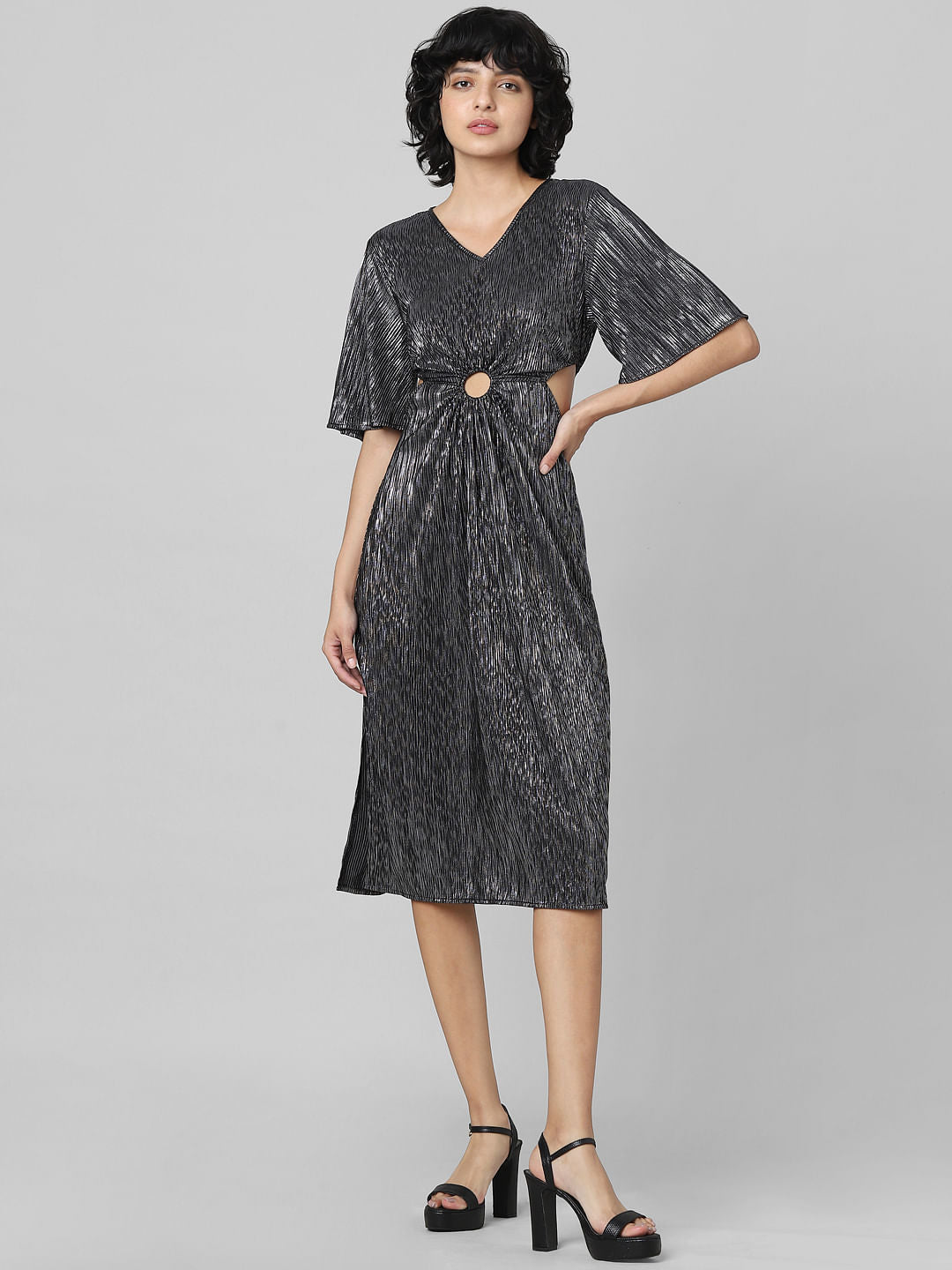 Black Cut-Out Pleated Midi Dress