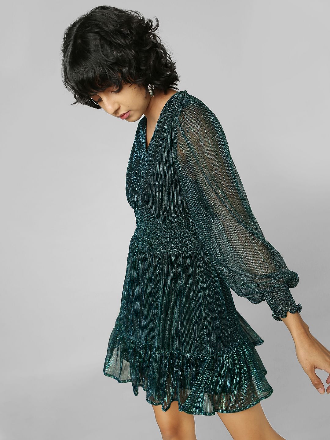 Dark Green Pleated Shimmer Dress