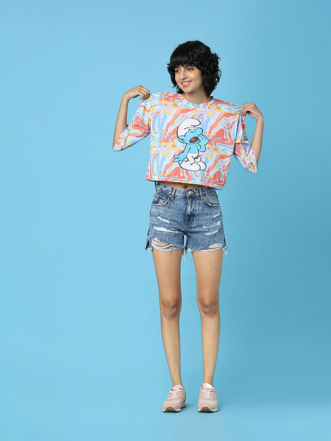 The Smurfs X Only Blue Printed Cropped T-Shirt