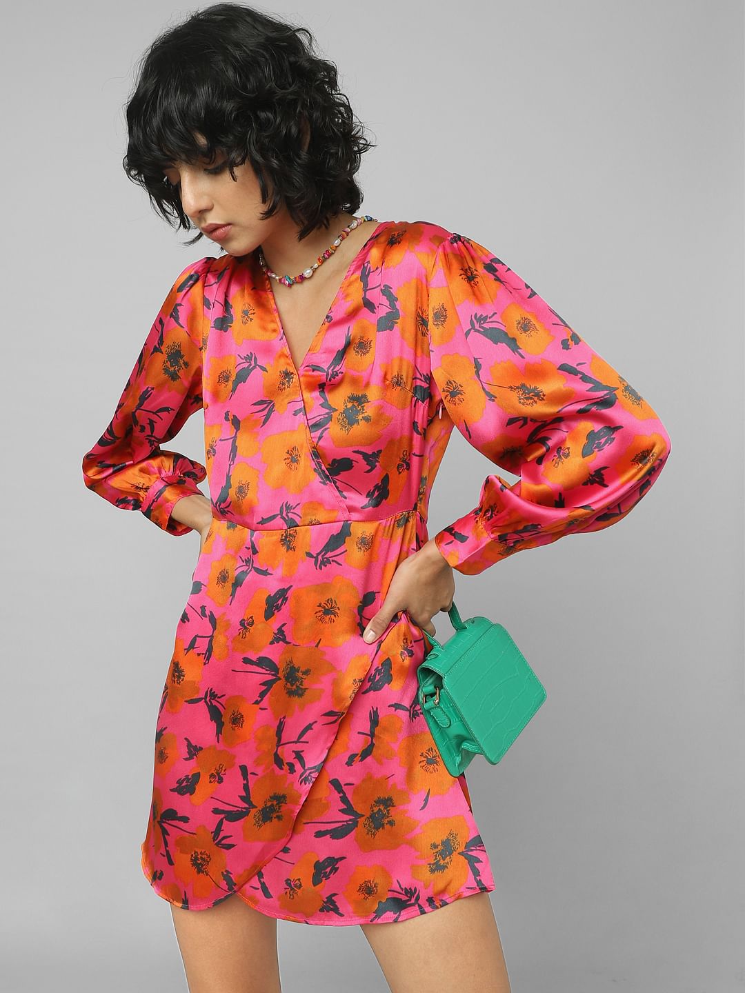 Pink Satin Printed Wrap Dress