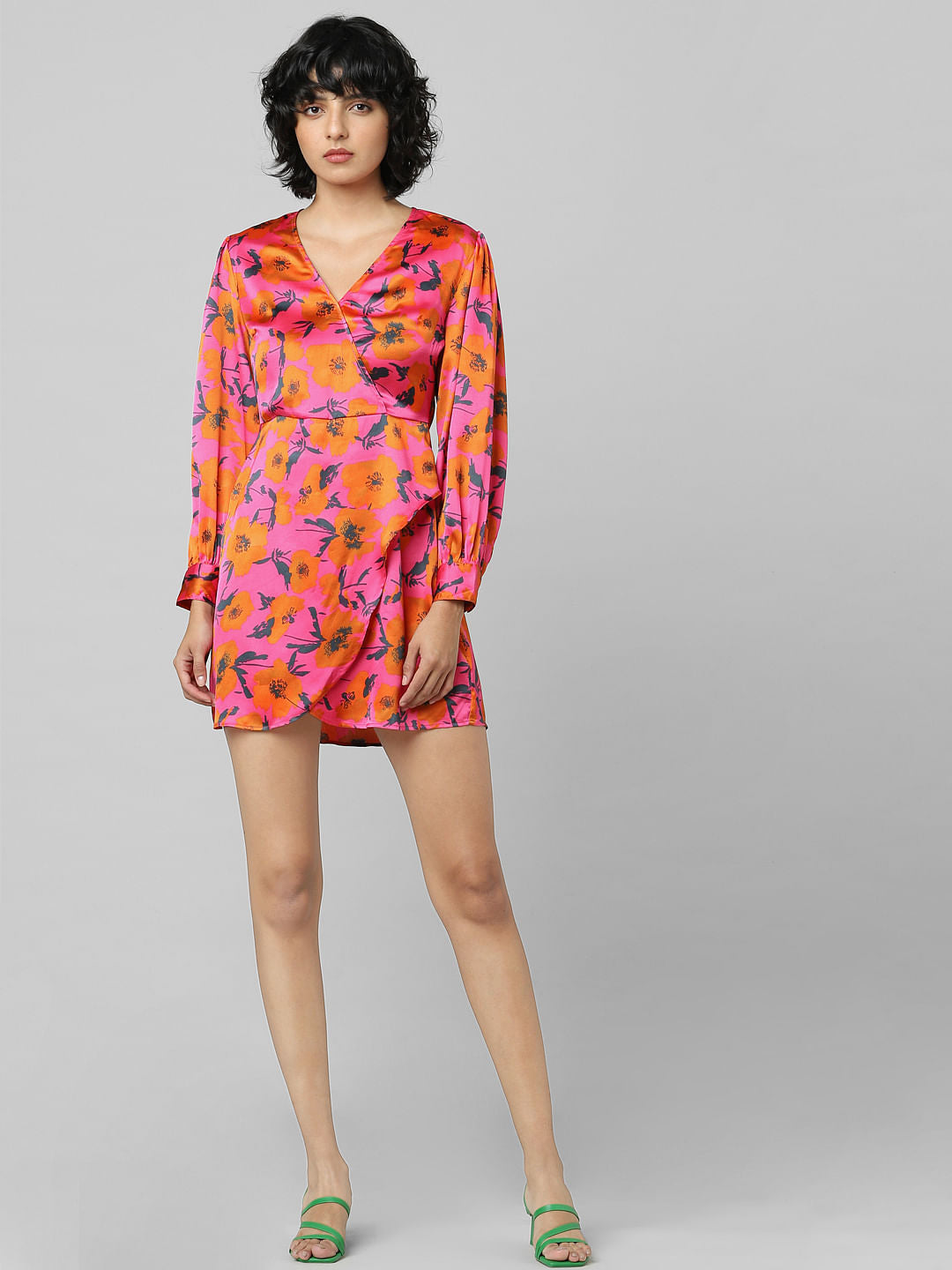 Pink Satin Printed Wrap Dress