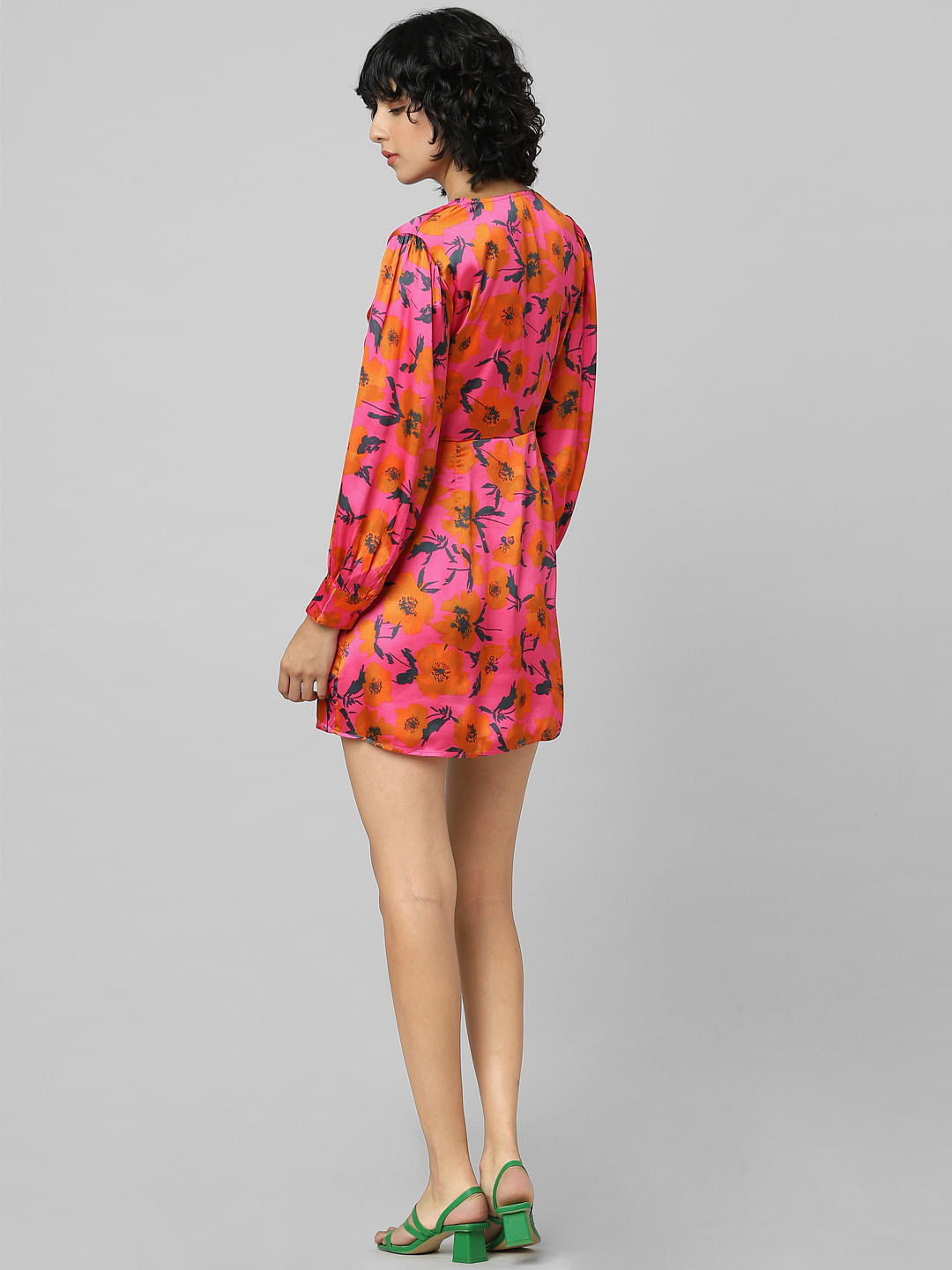 Pink Satin Printed Wrap Dress