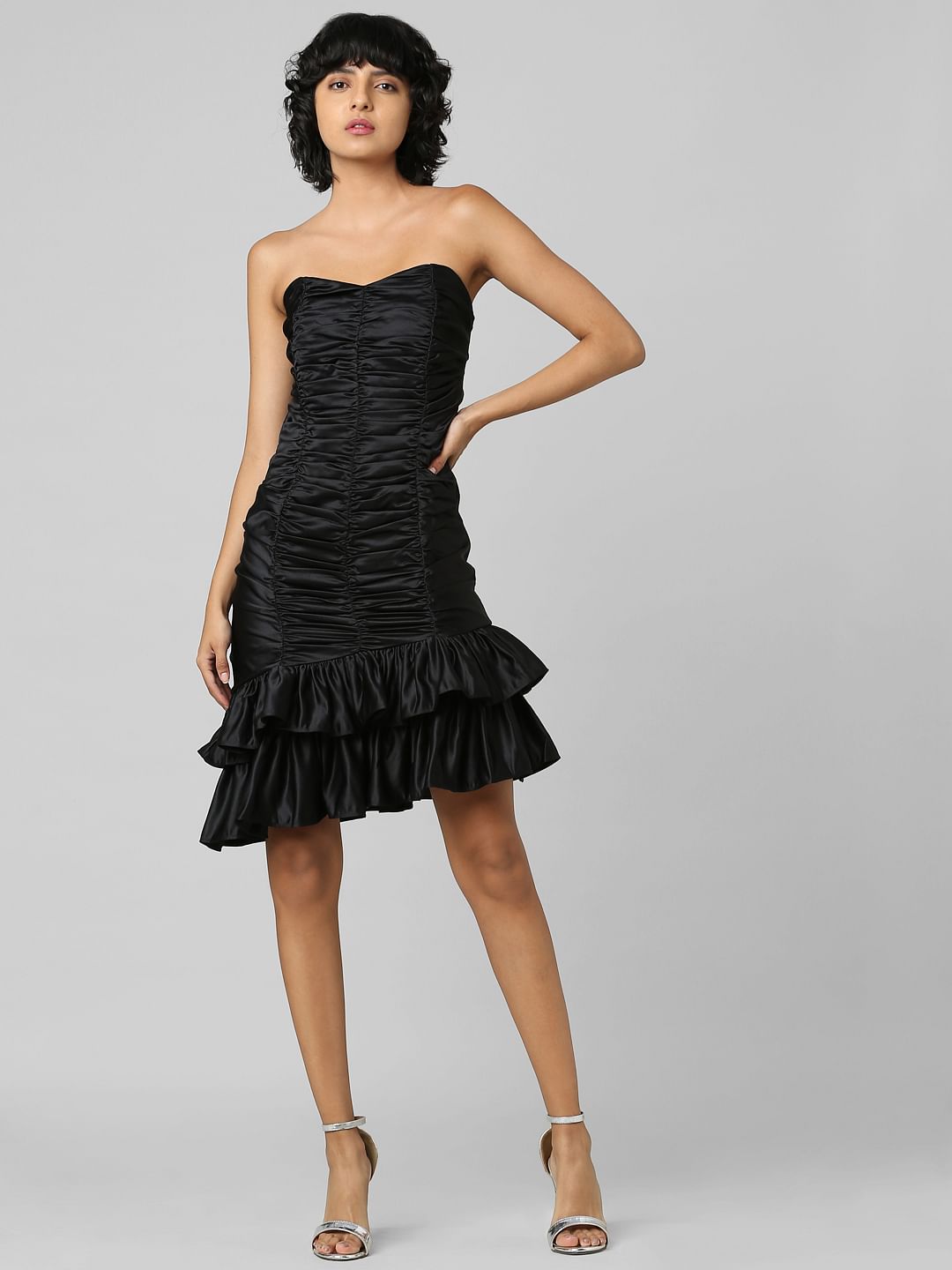 Black Off-Shoulder Draped Satin Dress