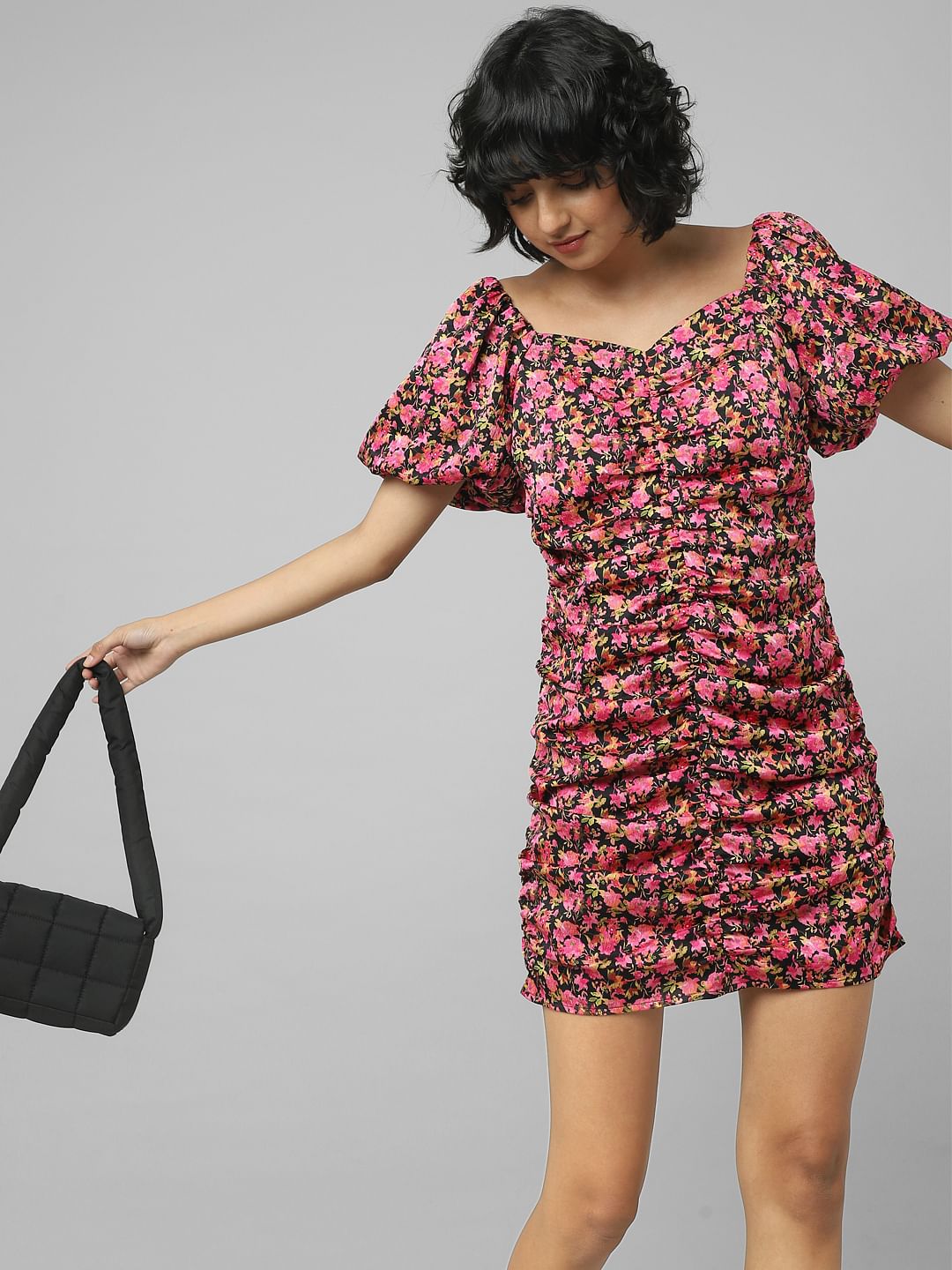 Black Floral Draped Dress