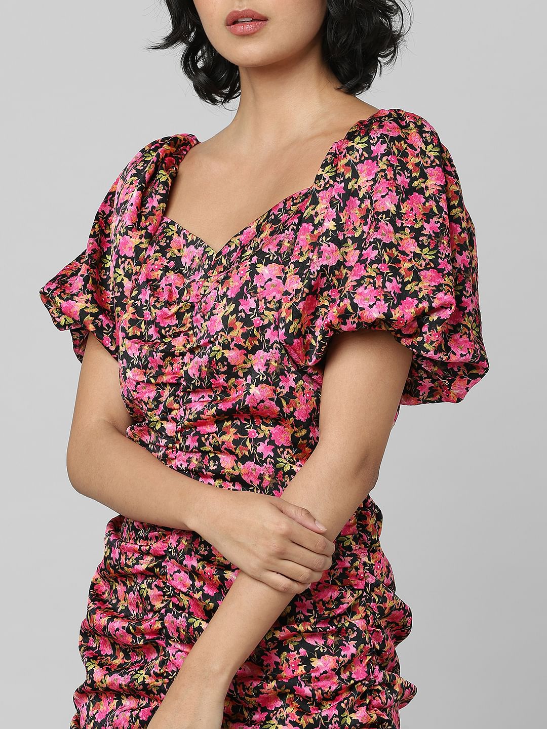 Black Floral Draped Dress