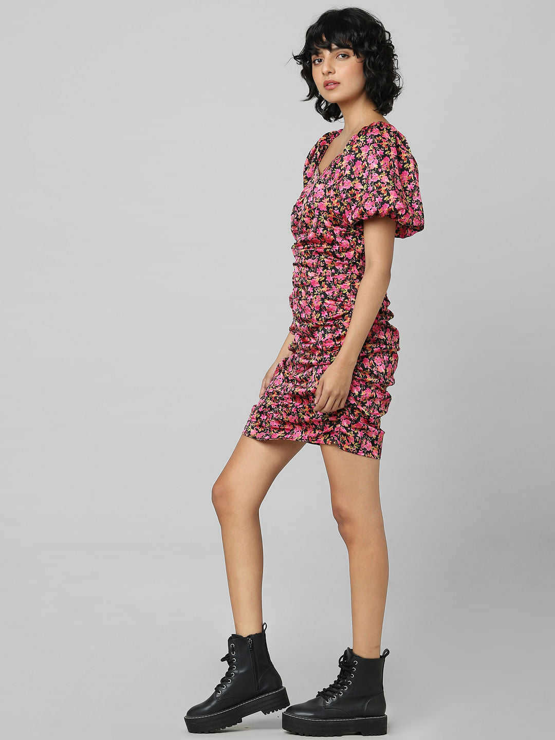 Black Floral Draped Dress