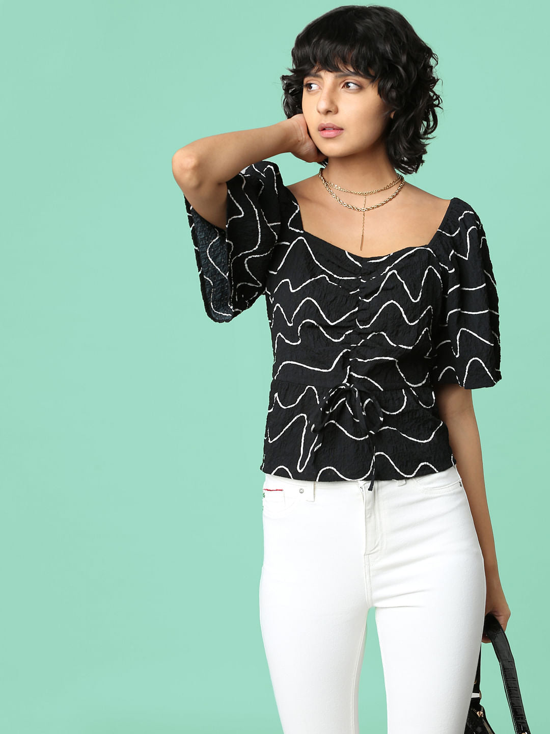 Black Textured Printed Top