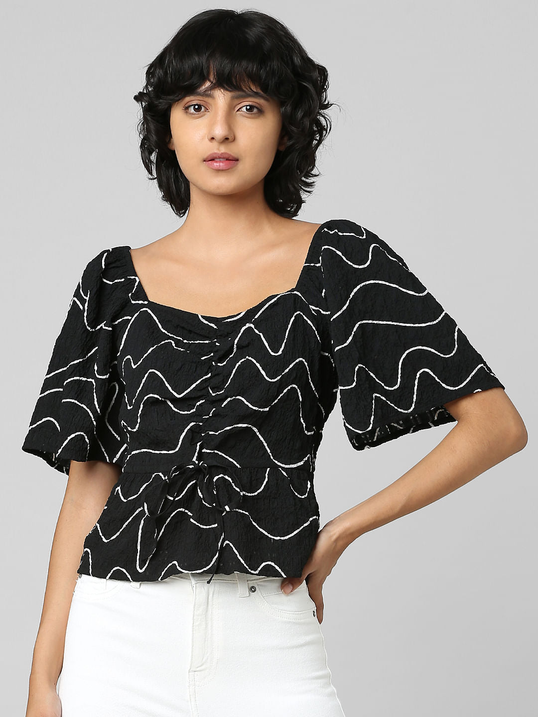 Black Textured Printed Top