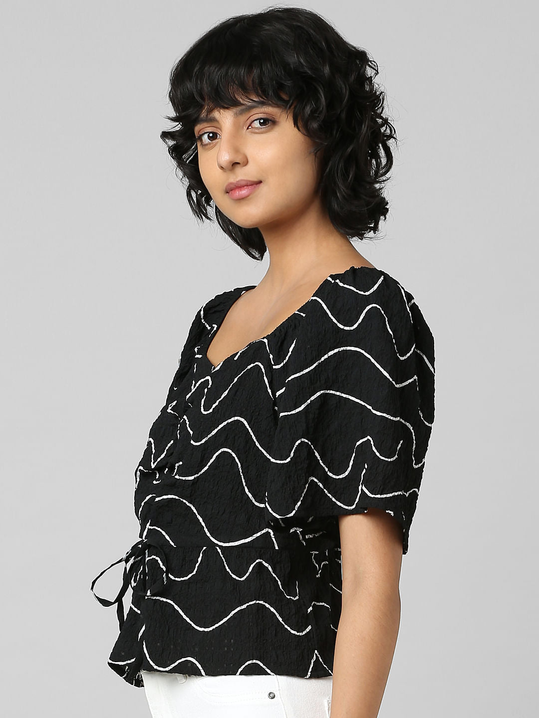 Black Textured Printed Top