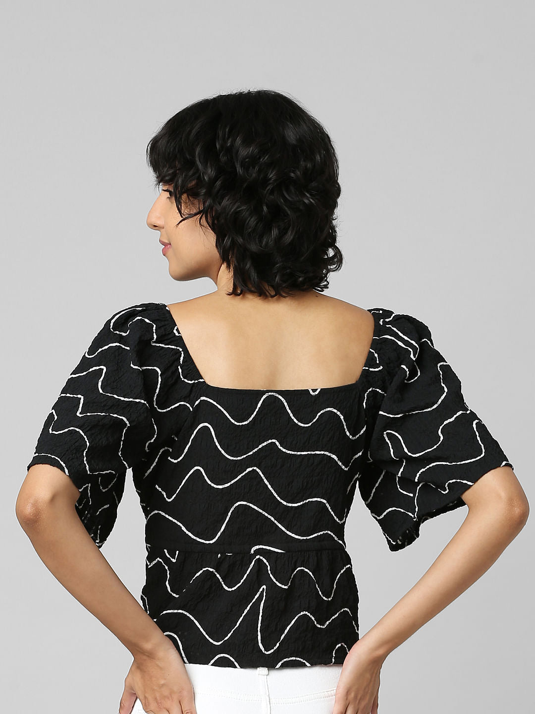 Black Textured Printed Top