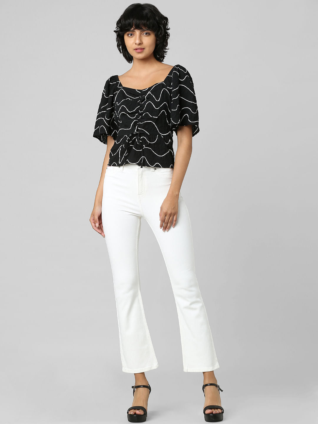 Black Textured Printed Top