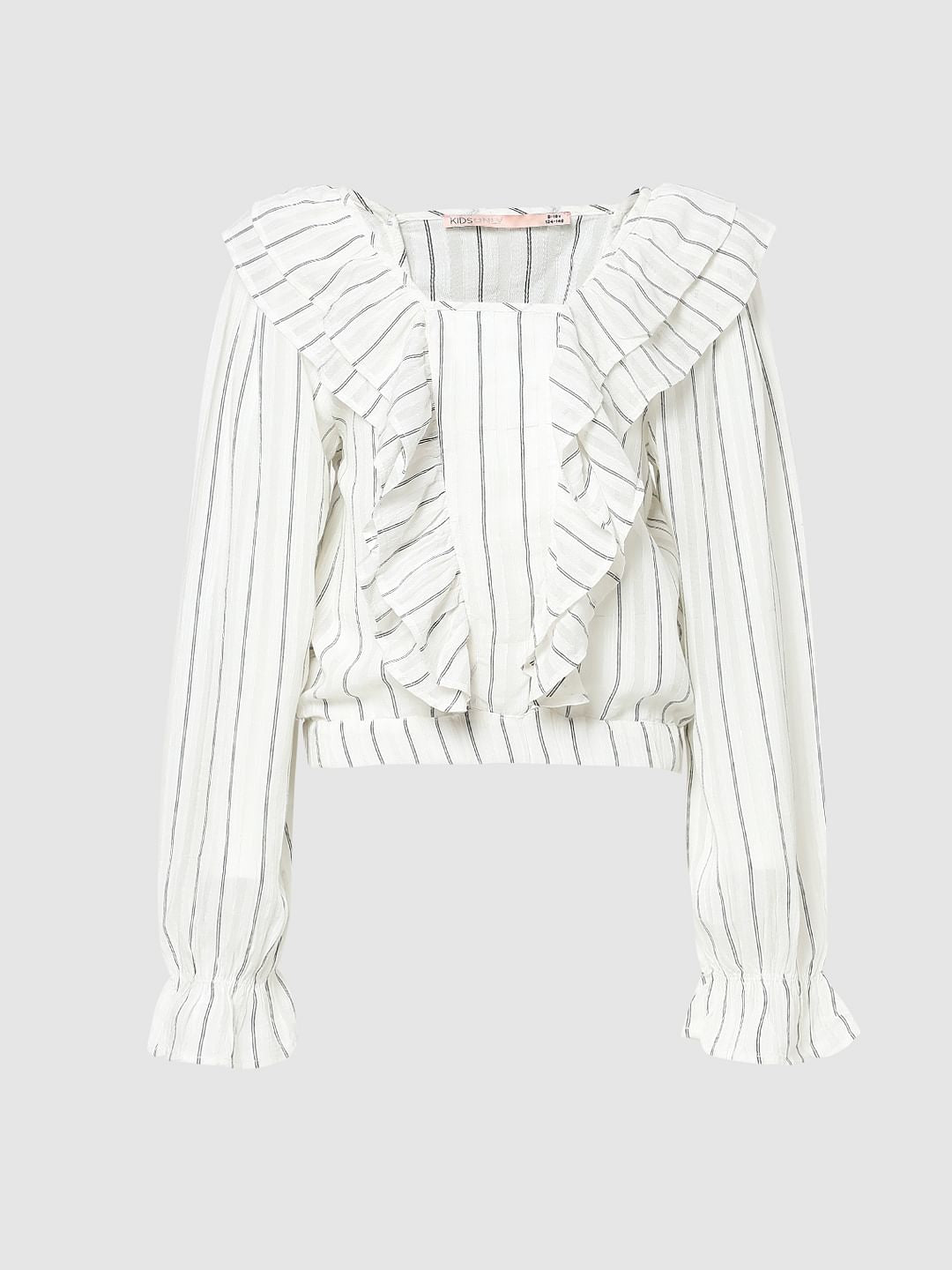 Girls White Striped Ruffle Top
