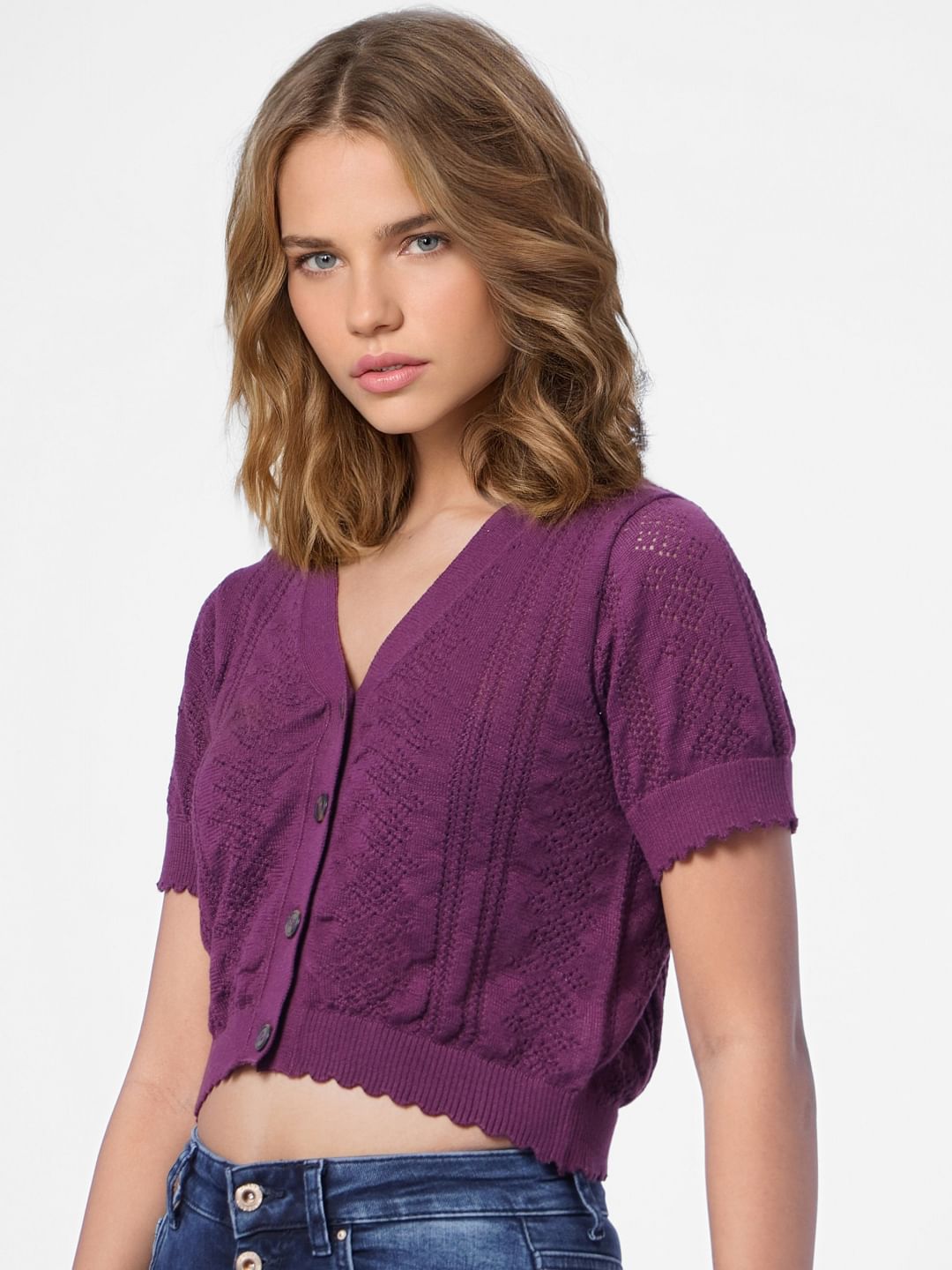 Purple Pointelle-Knit Cropped Cardigan