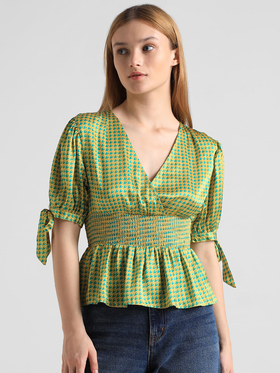 Yellow Houndstooth Print Satin Top