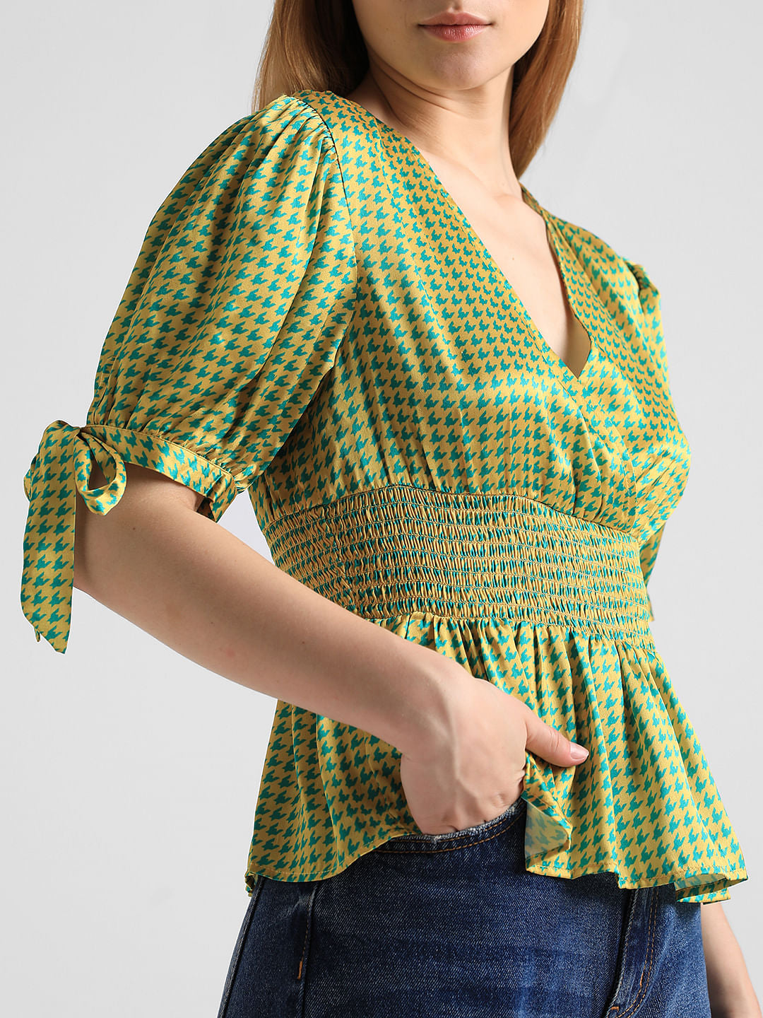 Yellow Houndstooth Print Satin Top