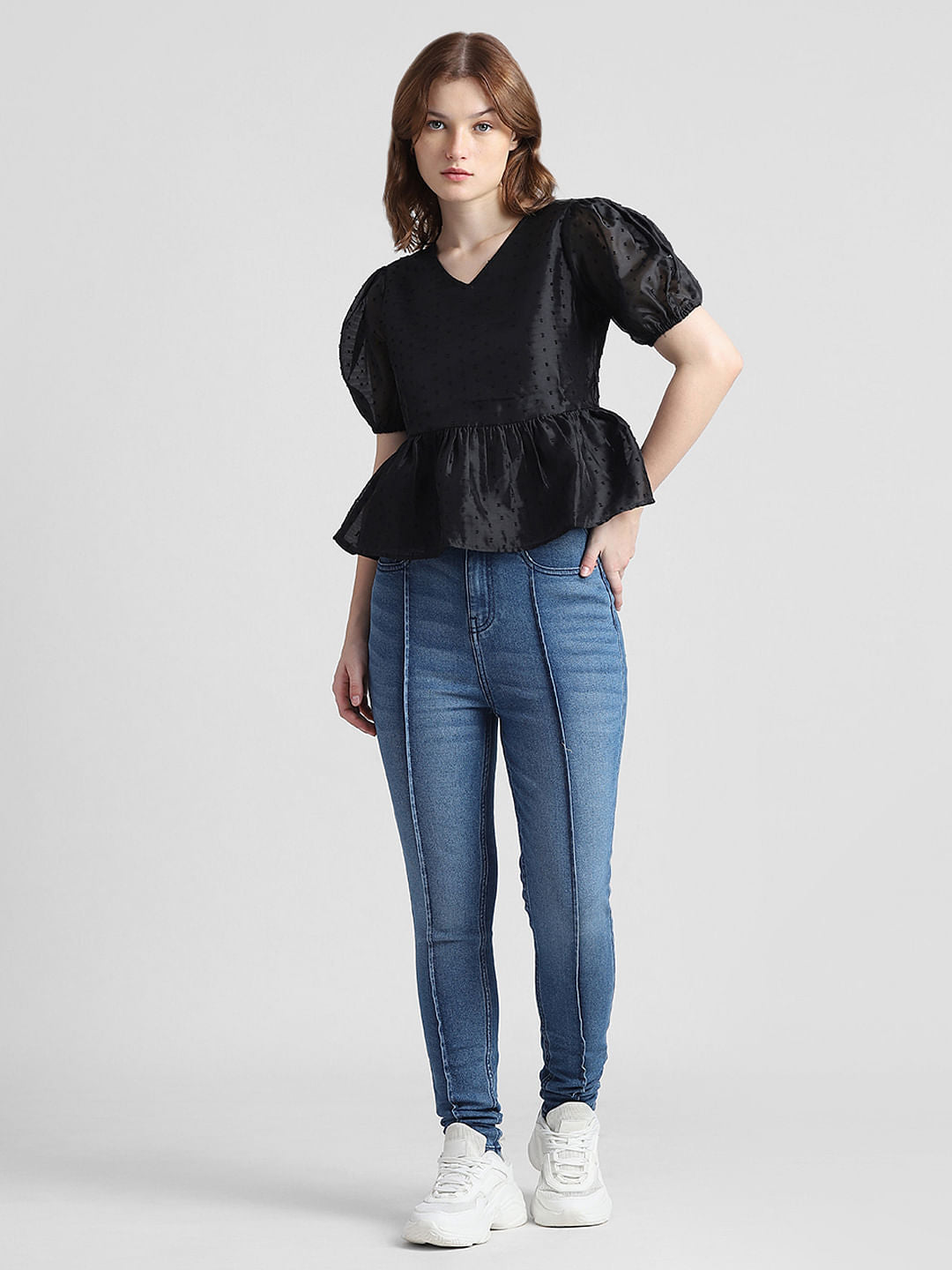 Black Printed Organza Peplum Top