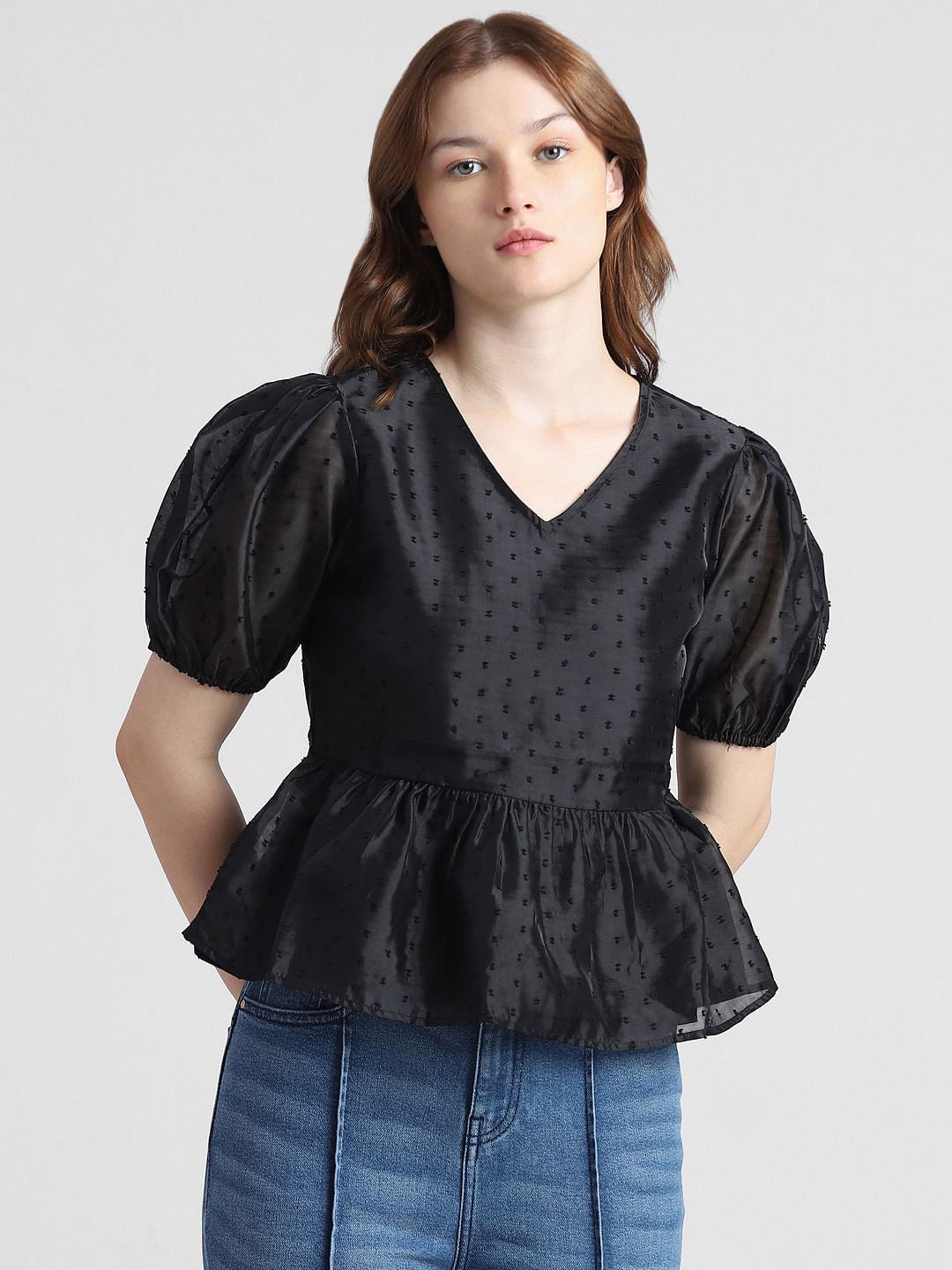 Black Printed Organza Peplum Top