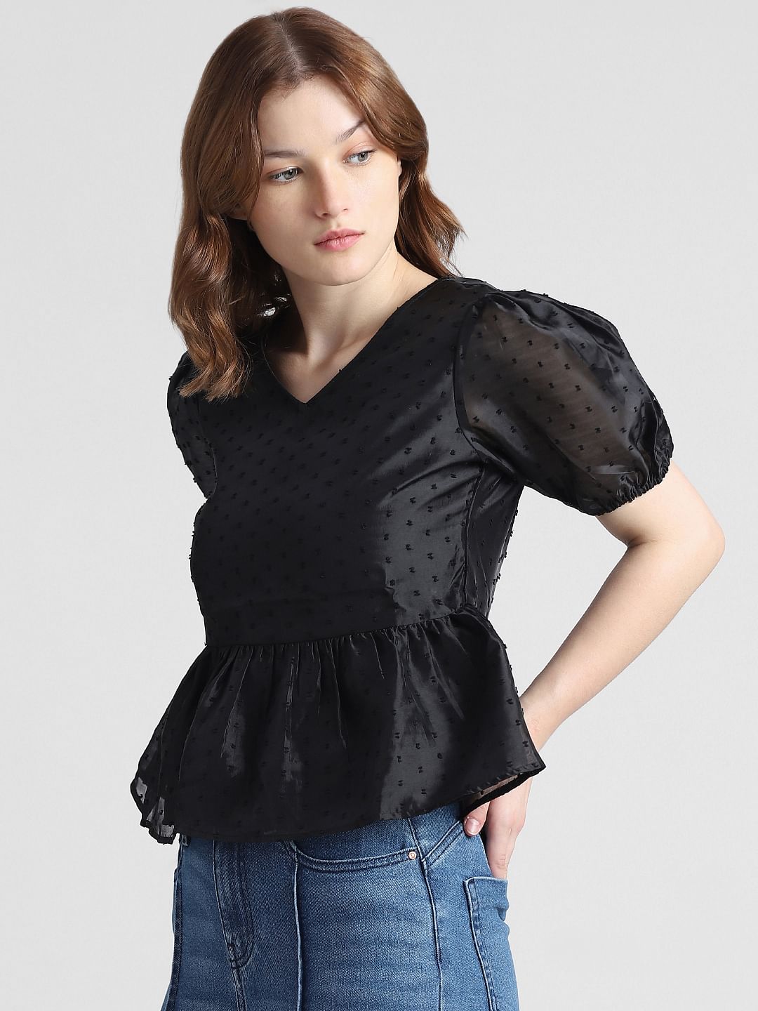 Black Printed Organza Peplum Top