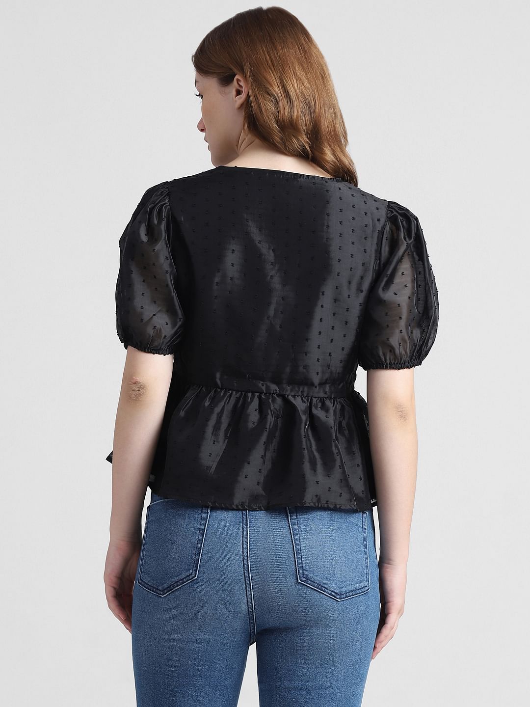 Black Printed Organza Peplum Top
