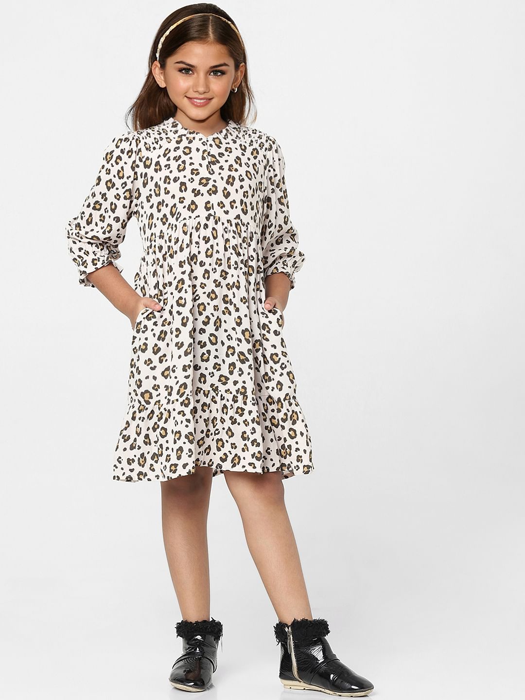Girls Light Pink Animal Print Fit & Flare Dress