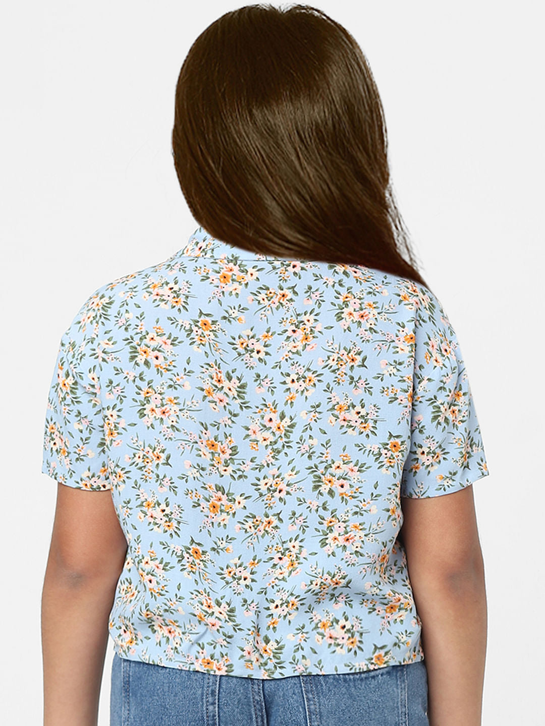 Blue Floral Print Front Tie Shirt