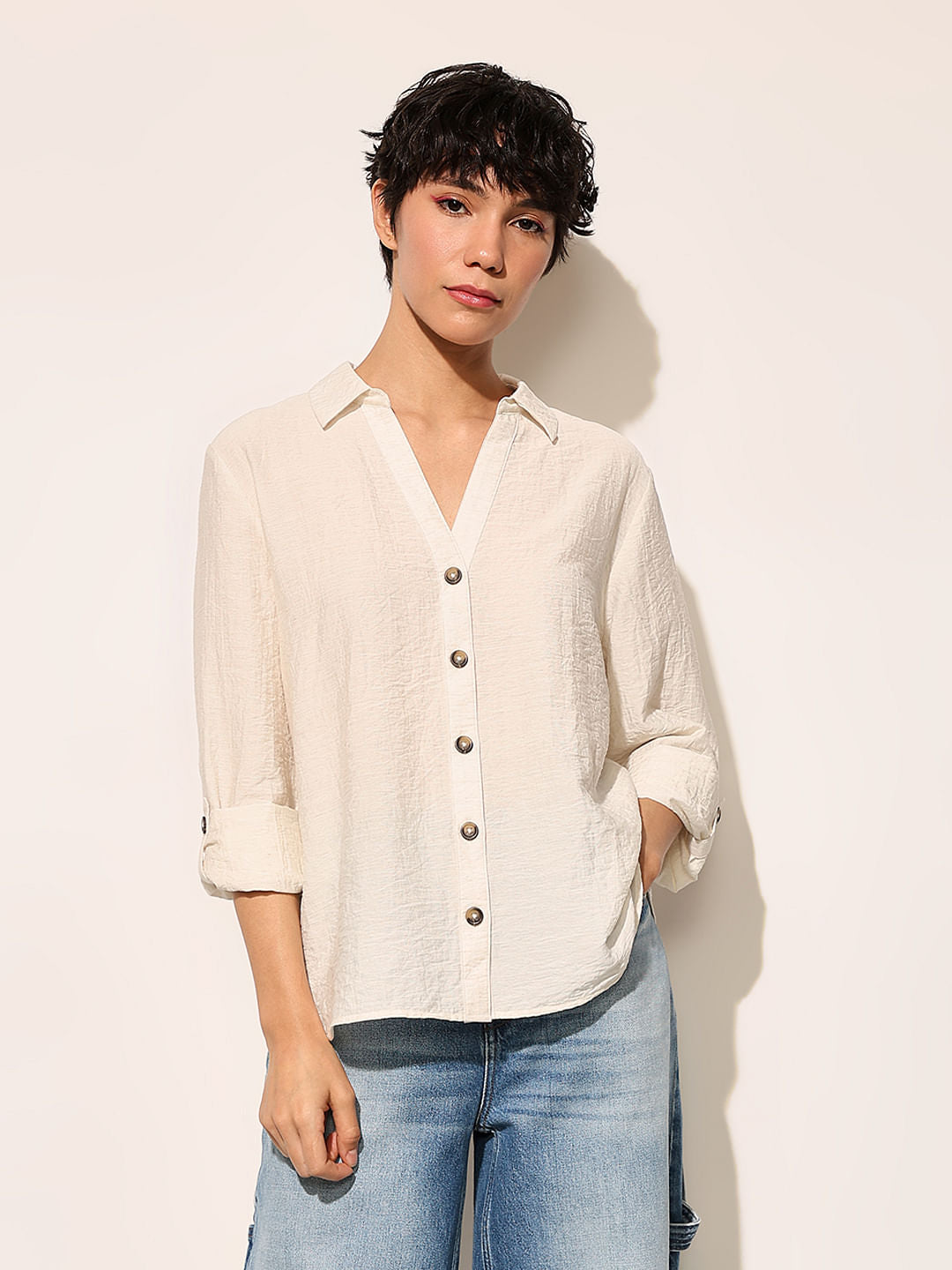 White Linen Blend Fold Up Shirt