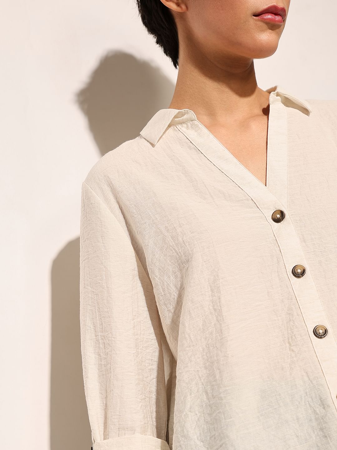 White Linen Blend Fold Up Shirt