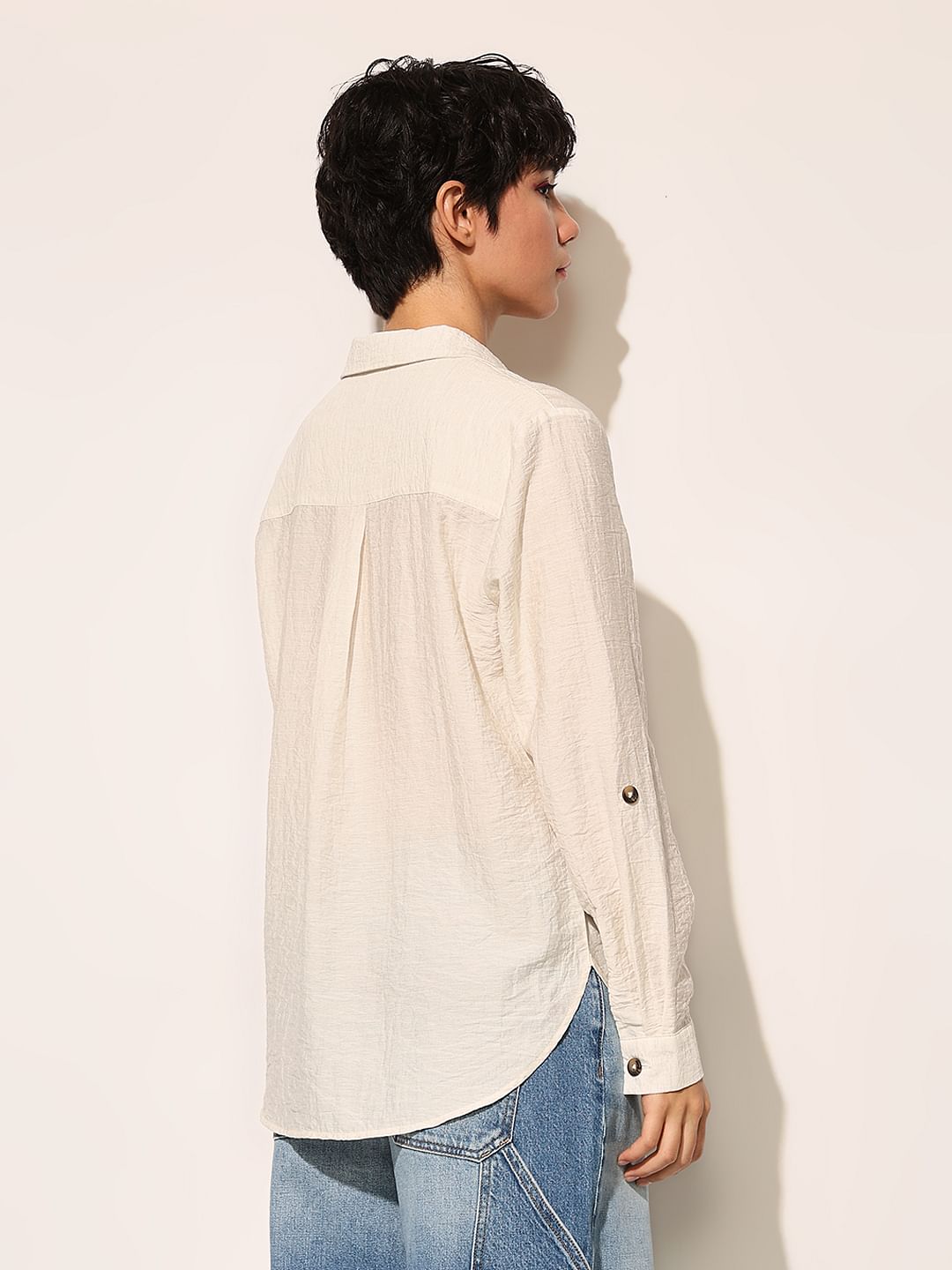 White Linen Blend Fold Up Shirt