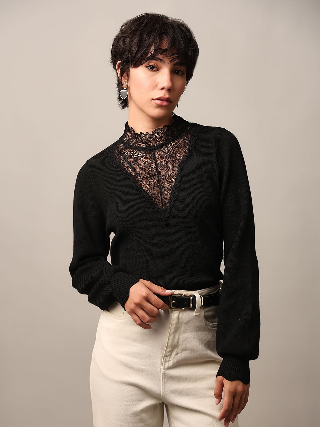 Black Lace Detail High Neck Pullover