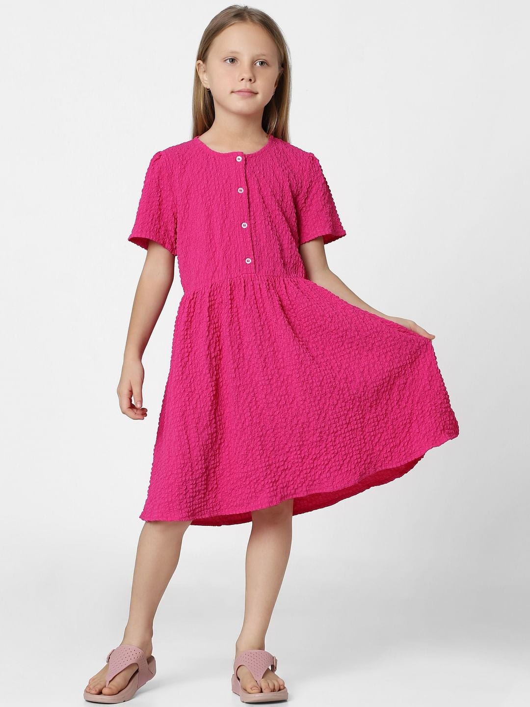 Girls Dark Pink Button Detail Dress