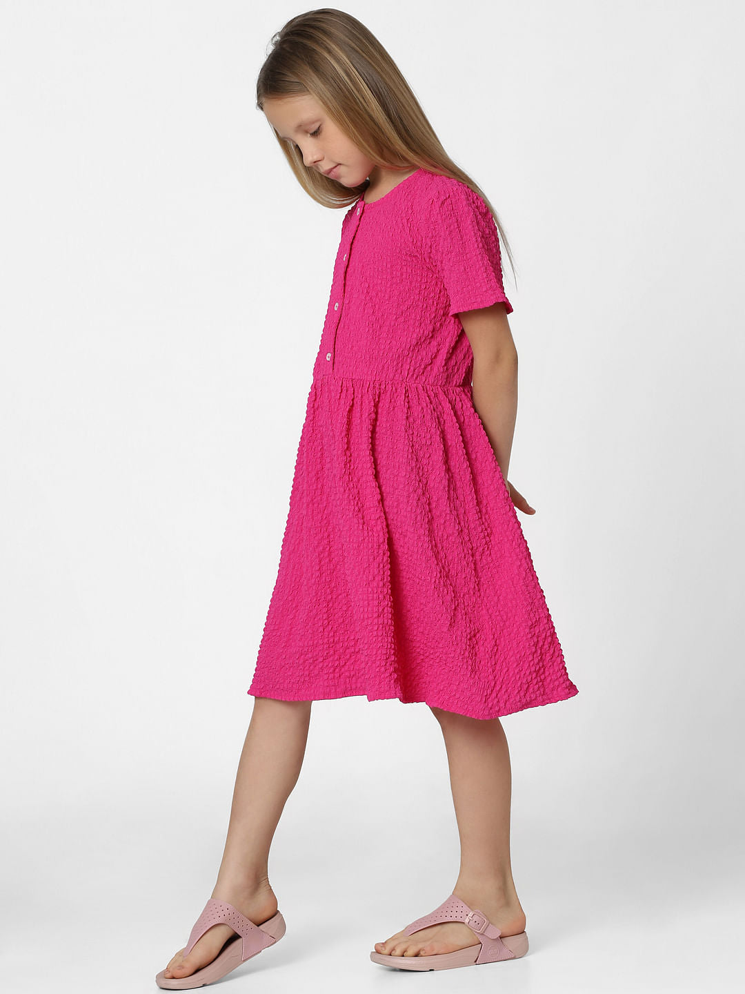 Girls Dark Pink Button Detail Dress