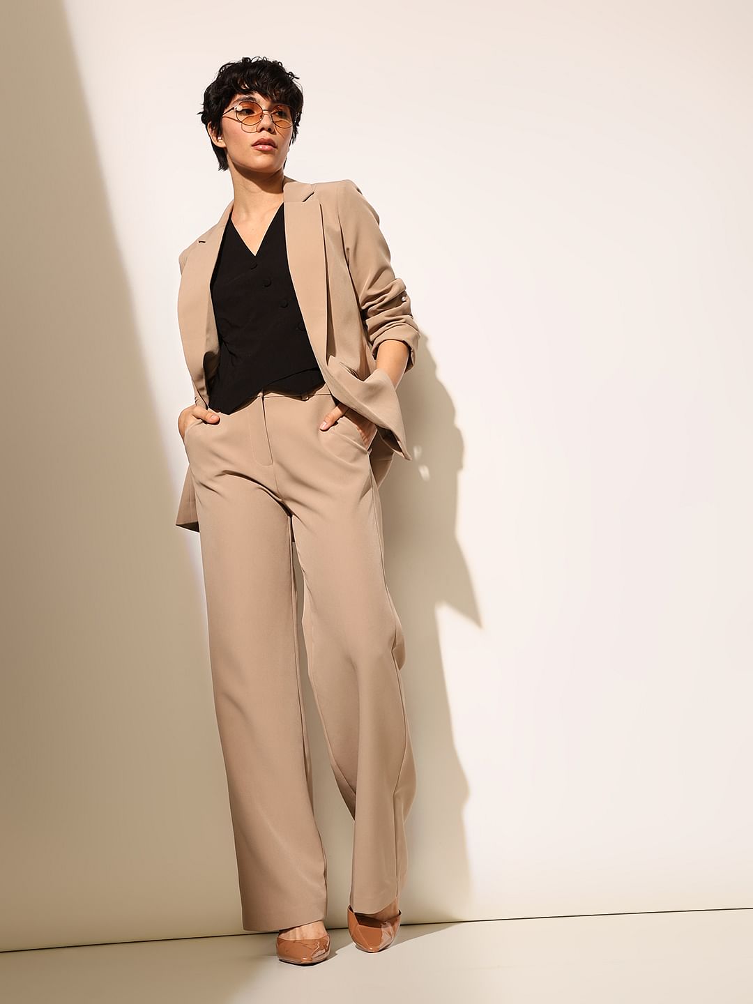 Beige Straight Fit Tailored Pants