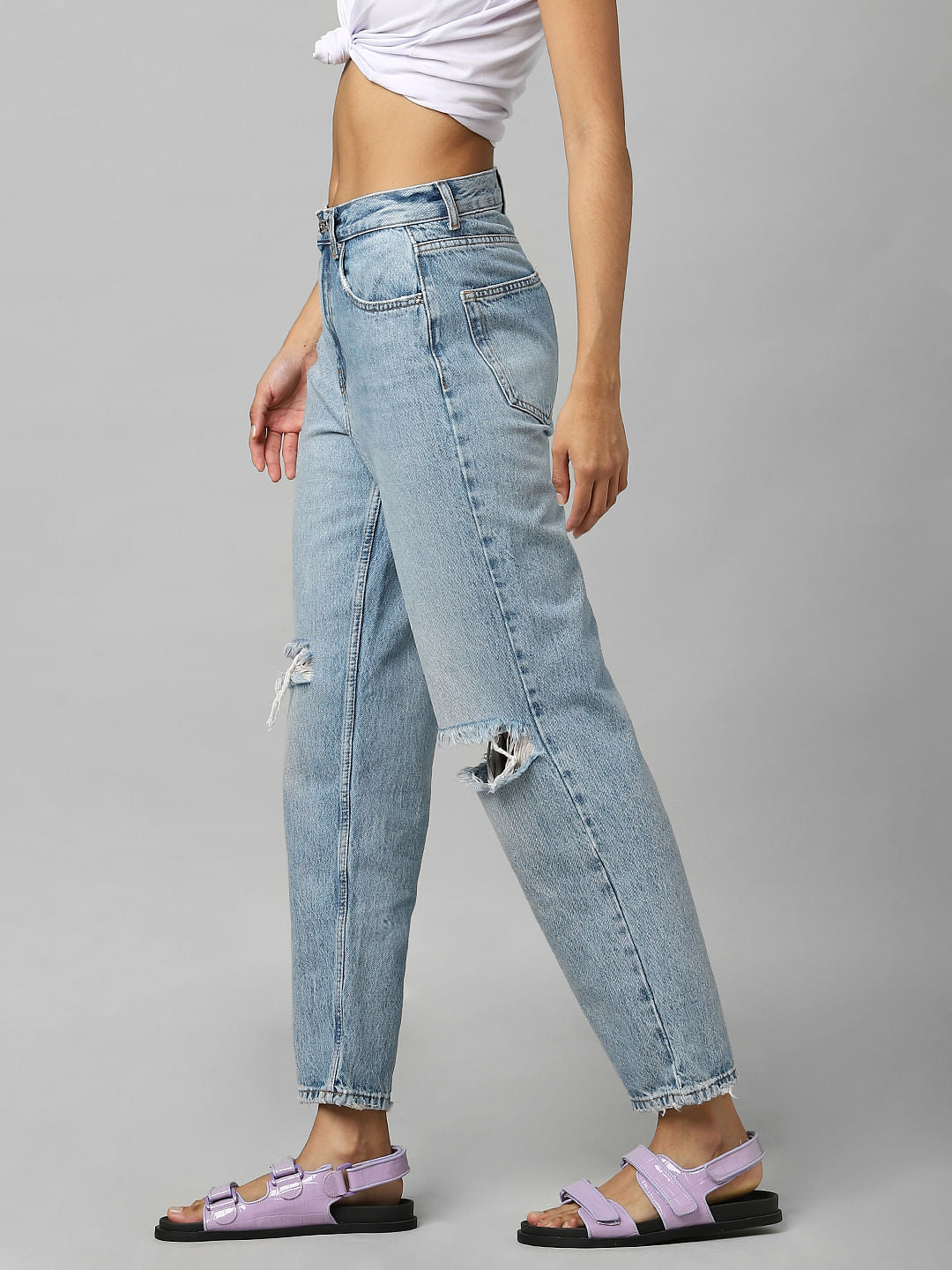 Blue High Rise Distressed Straight Fit Jeans