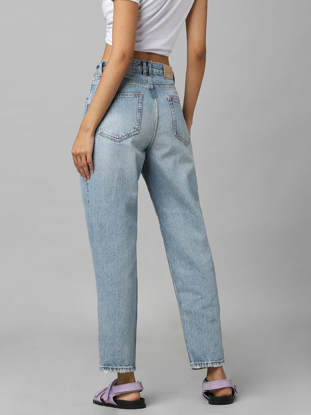 Blue High Rise Distressed Straight Fit Jeans