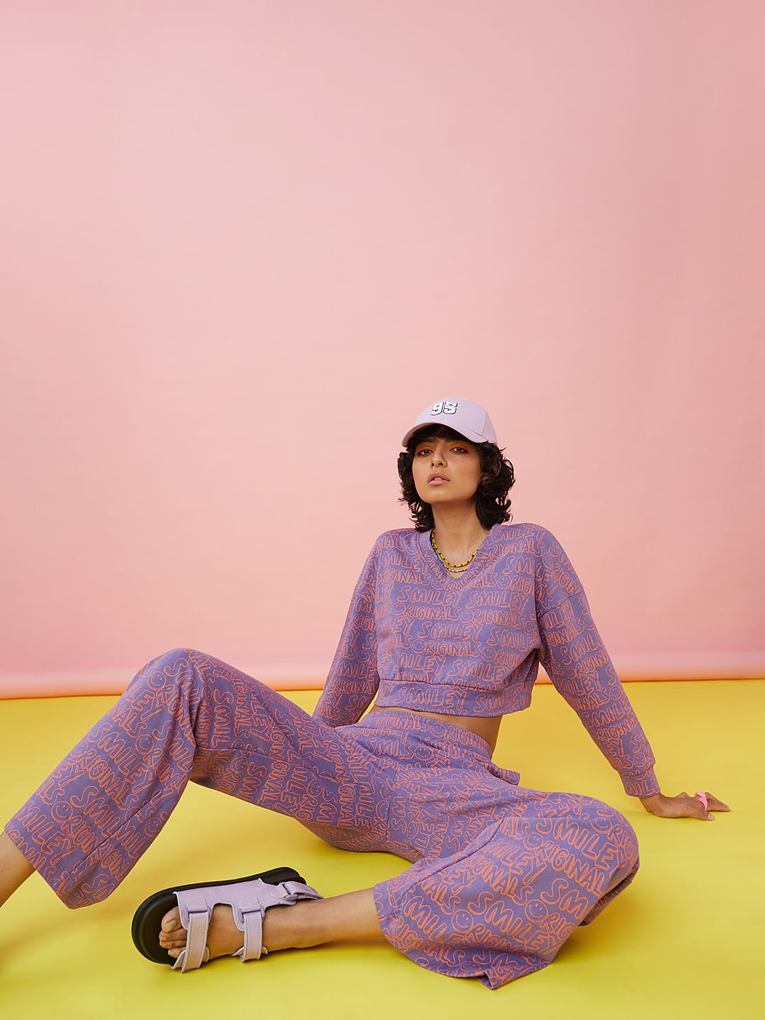 Only X Smiley Purple Mid Rise Printed Co-Ord Sweatpants