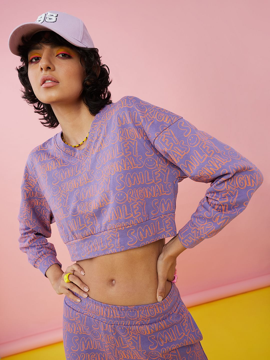 Only X Smiley Purple Printed Co-Ord Sweatshirt