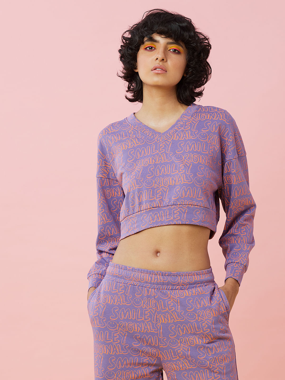 Only X Smiley Purple Printed Co-Ord Sweatshirt