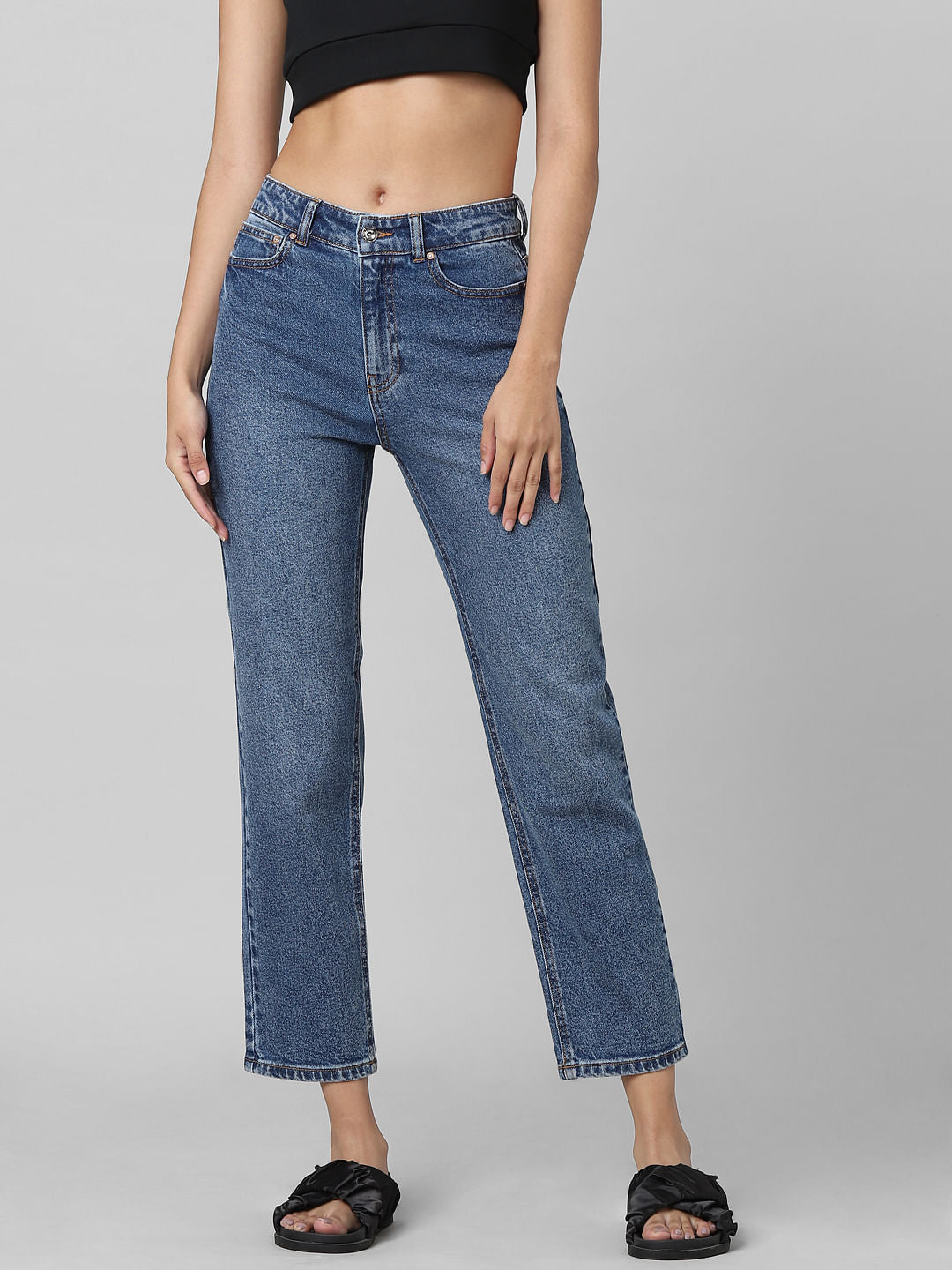 Blue Mid Rise Straight Fit Jeans