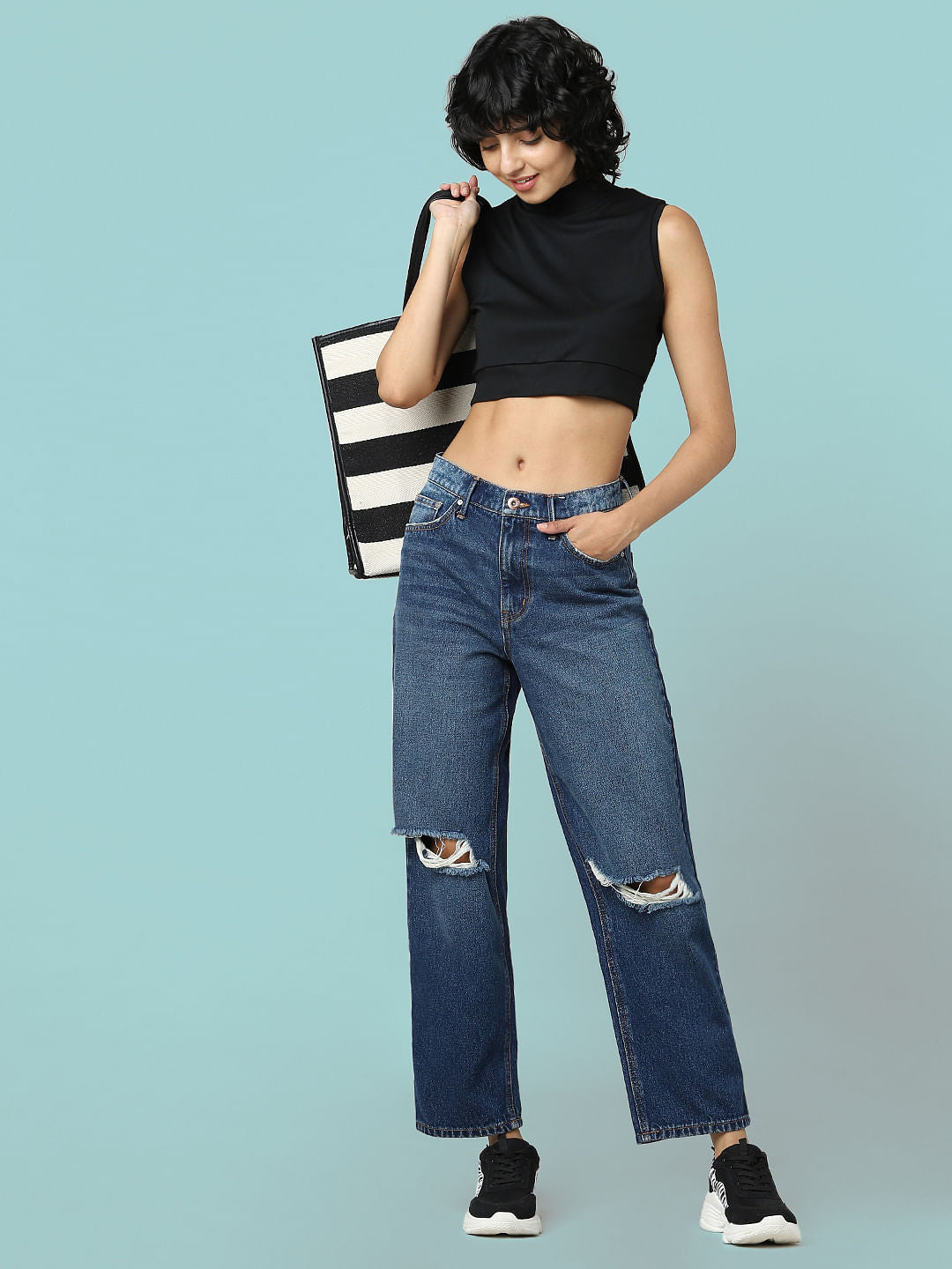 Dark Blue Mid Rise Distressed Wide Leg Jeans