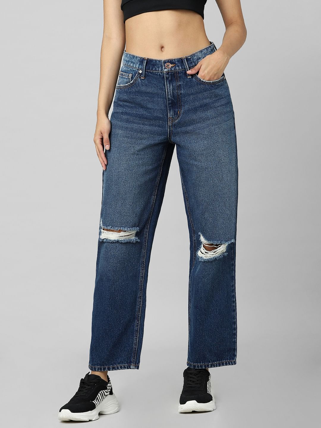 Dark Blue Mid Rise Distressed Wide Leg Jeans