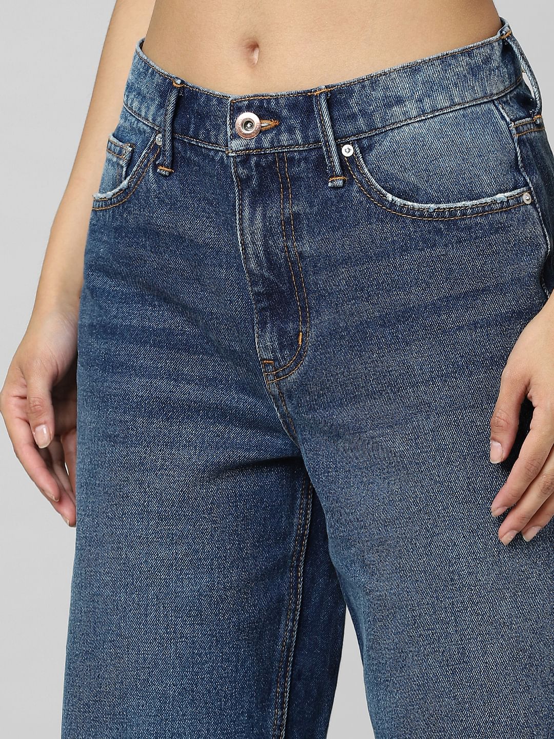 Dark Blue Mid Rise Distressed Wide Leg Jeans