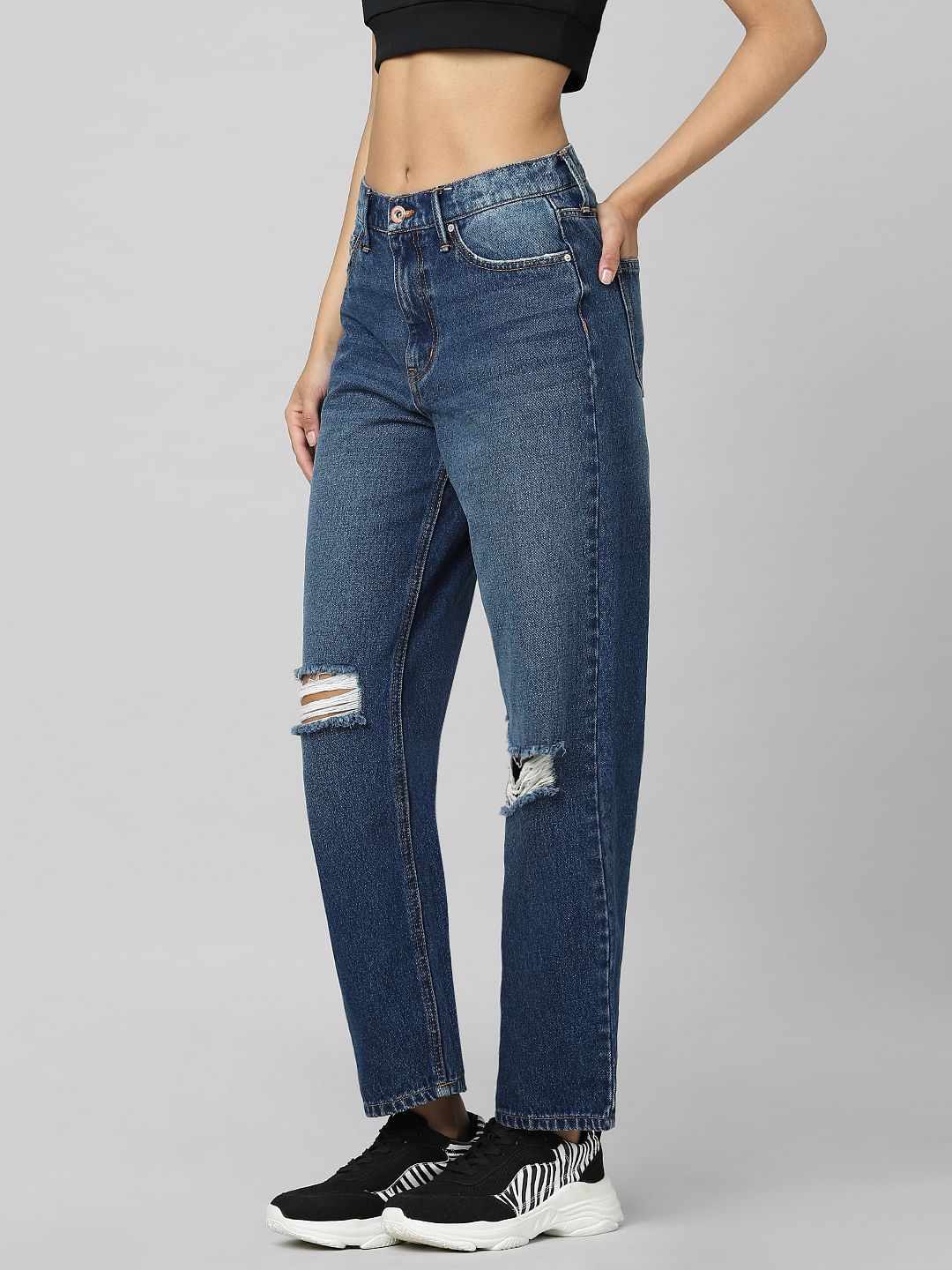 Dark Blue Mid Rise Distressed Wide Leg Jeans