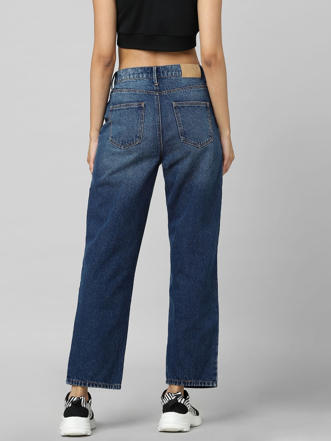 Dark Blue Mid Rise Distressed Wide Leg Jeans